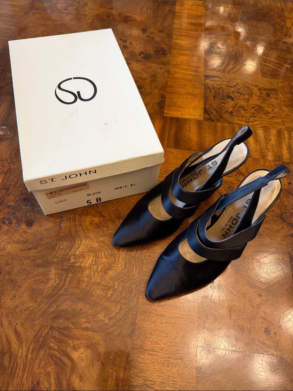 St. John Black Satin Pointed Slingback Pumps with Cross Straps